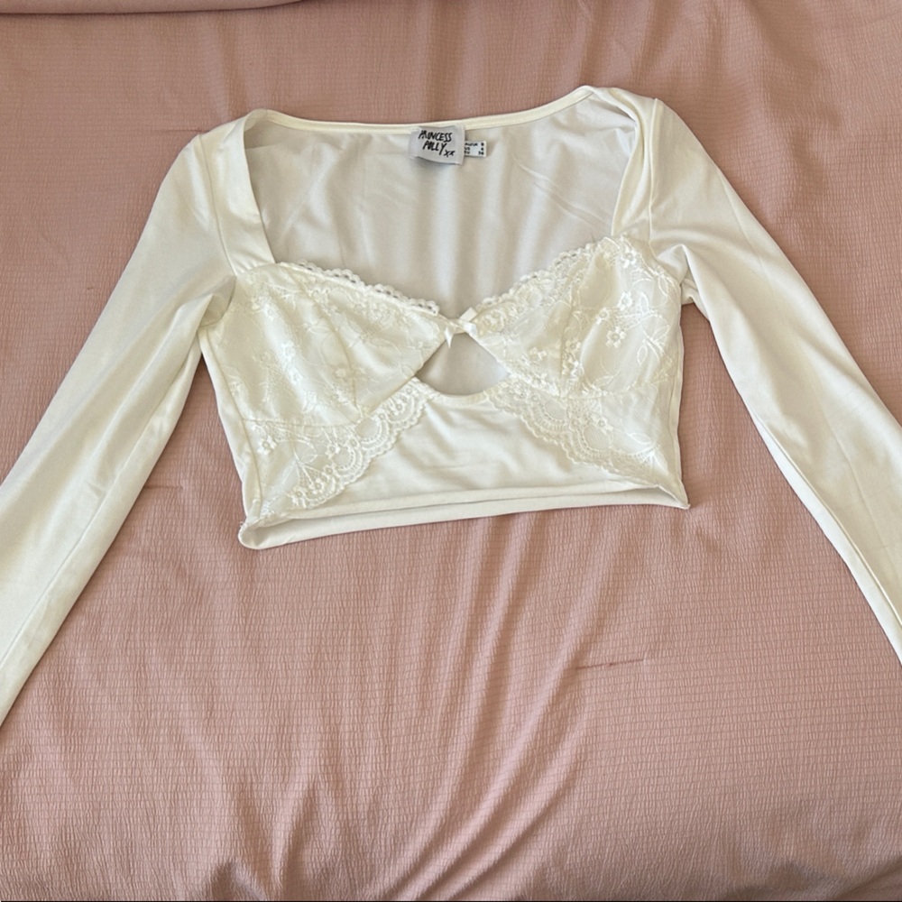 Princess Polly Cream Long Sleeve Lace Top